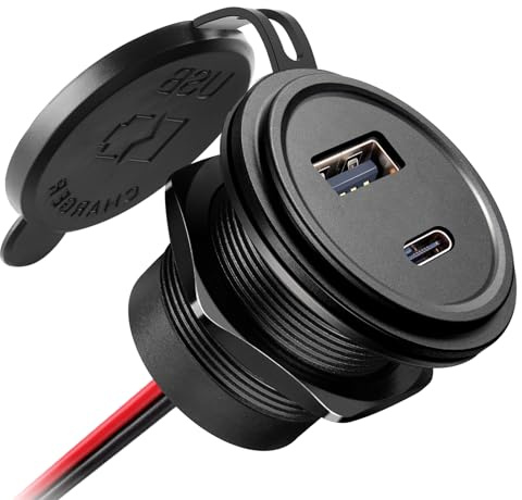 acegoo Toma USB 12V Cargador Multi Puerto Aluminio, PD3.0 USB-C y Quick Charge 3.0 para Coche Camper Enchufe de 12 Voltios Impermeable para Autocaravana Barco Motocicleta (1PCS)