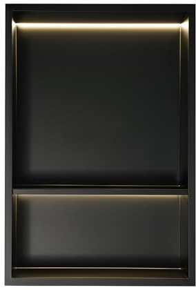 Niche murale en acier inoxydable avec lumière LED, niche de douche à 2 niveaux avec étagère, étagère de douche encastrée pour salle de bain, cuisine, toilettes (noir, 33,3 x 48,5 cm) LED