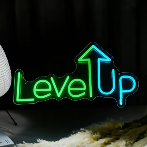 Level Up Neon Schild, LED Gaming Neon Sign für Wand Deko, Dimmbare Game Neonlichter USB Power für Spielzimmer Schlafzimmer Jungenzimmer Wohnzimmer Bar Club Home Mann Höhle