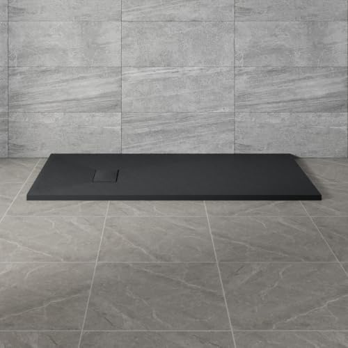 NRG 1500x700mm Black Non-Slip SMC Rectangle Bathroom Shower Tray | Slip Resistance, Easy to Clean, Shower Enclosure Base, Shower Base Tray, Wetroom Shower Cubicle Base, Slate Effect
