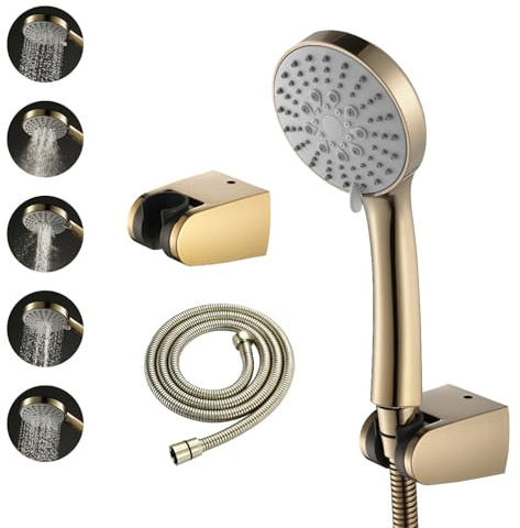 SWHC Pommeau de Douche Or Brossé avec 5 Modes, Douchette Haute Pression avec Support et Flexible 1,5m, Kit de Douche pour Salle de Bain et Baignoire, Ahorro de Agua y Antical