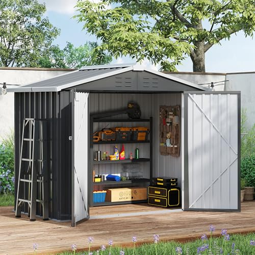 Amopatio Gerätehaus, Gartenhaus mit Pultdach, Geräteschuppen 196 x 119 x 185 cm, Gartenhaus Metall mit Tür, Verzinkte Gartenhülle Metall-Schuppen für Hinterhof, Schwarz