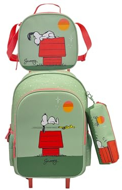 CYPBRANDS Snoopy Funktionales Trolley-Set, für Schule, Reisen, 3-teilig, Lunchbox, Grün, offizielles Produkt