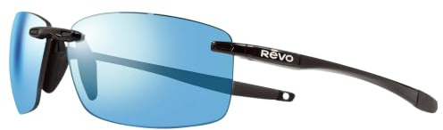 Revo Sunglasses Descend N: Polarized Lens Filters UV, Rimless Rectangle Frame, Black Frame with Blue Water Lens