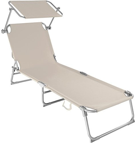 TecTake® Tumbona Plegable con Toldo y Respaldo Regulables, Tumbona Piscina Resistente a la Intemperie, Tumbonas Jardín Exterior con Parasol, Tumbona Playa Carga Máx. 110 kg, Fácil Transporte - Beige