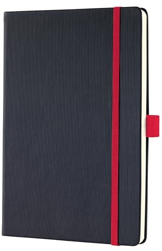 Sigel CO662 Notizbuch A5 kariert schwarz rot, Hardcover, 194 nummerierte Seiten, nachhaltiges Papier, mit Inhaltsverzeichnis, Stiftschlaufe, Falttasche, Gummibandverschluss, Conceptum