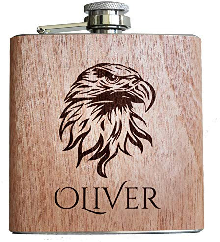Petaca de madera, con grabado nombre y águila cabeza. regalo Idea para hombres