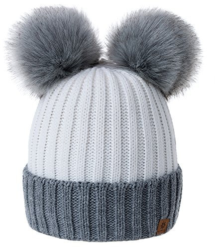 MFAZ Morefaz Ltd Damen Winter Beanie Strickmütze Mütze Doppelt Bommel Pom Pom Wurm SKI Mütze (Grey White)