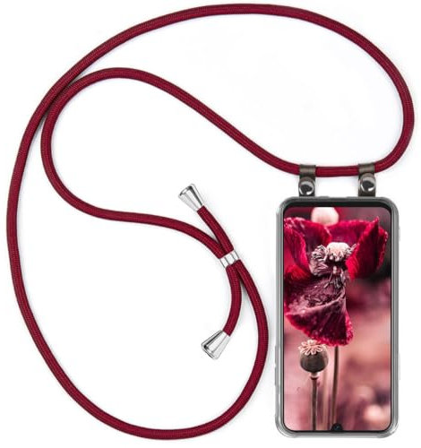moex Handykette für Samsung Galaxy A40 Hülle mit Band abnehmbar, Handyhülle mit Kette zum Umhängen, Handyband Kordel Umhängehülle, Necklace Handy Umhängeband, Weinrot