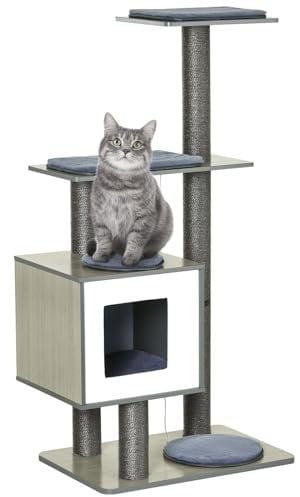 PawHut Arbre à Chats Design Contemporain griffoirs grattoirs sisal Naturel Centre d'activités Niche Plate-Formes Jeu Boules suspendues 71,5L x 49,5l x 120H cm MDF hêtre Gris