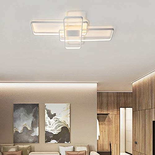 Deckenleuchte Schlafzimmer 65W Eckig LED Deckenlampe Wohnzimmer Platz Esszimmerlampe Mordern Dimmbar 3000K-6500K mit Fernbedienungd Küchelampe Acrylic Lampenschirm Aluminium DekorLampe (Weiss2)