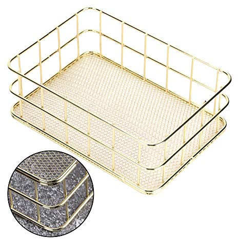 Fdit Aufbewahrungskorb, 17 x 12 x 6cm Schmiedeeisen Maschendrahtkorb Goldener eiserner Aufbewahrungskorb Drahtgeflecht-Schreibtisch-Organizer Schmiedeeisen Makeup Aufbewahrungsbox für Zuhause