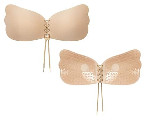 SPRINGSY Klebe BH Push Up für perfektes Dekolleté | Trägerloser BH rückenfrei - hautfreundlich und atmungskativ – Unsichtbarer Klebe BH große Brust mit Tunnelzug (Beige, B)