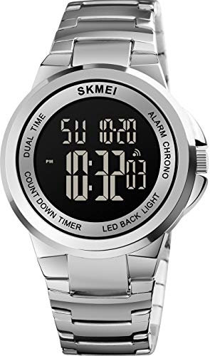 findtime Herrenuhr Digital Business Multifunktionsuhr Sportlich Armbanduhr Outdoor Metall Schlicht Silber Timer Stoppuhr LED Beleuchtung Kalender