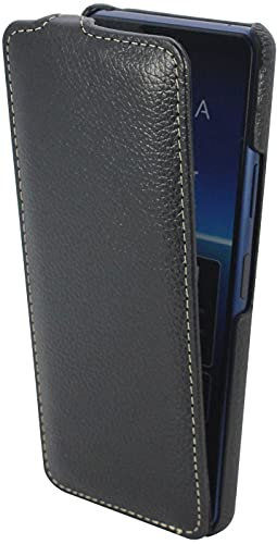 STILGUT Schutzhülle kompatibel mit Sony Xperia 10 II Schutzhülle mit vertikalem Klappdeckel und Clip-Verschluss aus echtem Leder, Schwarz