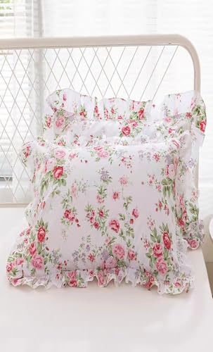 Rosen-Blumenmuster, Euro-Kissenbezüge, Rüschen, Kissenbezüge, 66x66 cm, 2er-Pack, Vintage-Baumwoll-Kissenbezüge, Bauernhaus, französisches Landhaus, Reißverschluss (Shabby Rose, 66x66 cm)