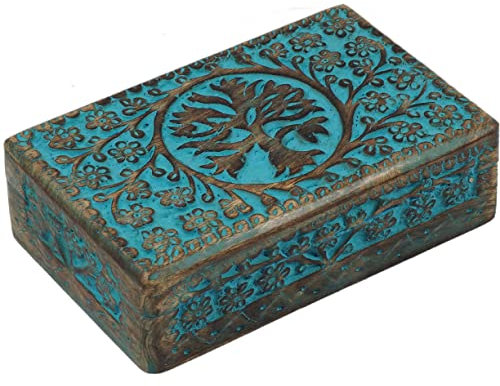 Craft&Style Deko Schatulle Kästchen Box Schachtel Kiste Dose aus Holz mit Deckel | Lebensbaum türkis | L x B x H: 13 x 20 x 6 cm
