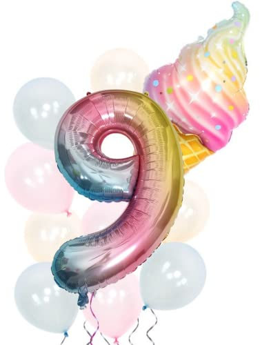 DIWULI Geburtstagsdeko 9 Jahre Luftballons Eis-Tüte Set
