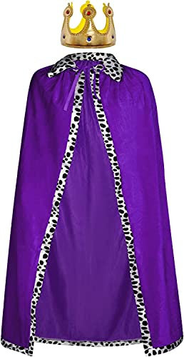 Cappotto da regina in velluto + corona re regina per donne e uomini, Halloween, adulti, feste a tema, teatro, carnevale, carnevale, accessori (125 cm/49,2 pollici, viola)