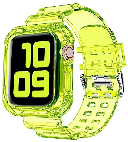 DABAOZA Compatible for Clear Apple Watch Band with Bumper Case 45mm 44mm 42mm, Women Men Glitter Bling TPU Sport Strap for iWatch SE Ultra 3 2 Series 11 10 9 8 7 6 5 4 3 2 1(Neon Yellow,45/44/42)