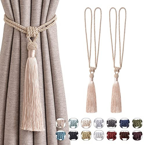 Pretty Jolly Langen Quasten Vorhang-Raffhalter Handmade geflochtene Seil Knoten drapierte Raffhalter Elegante dekorative Vorhanghalter für Zuhause und Büro, Dunkelbeige, 2 Stück