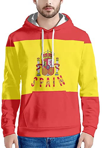 2022 Katar Fußball Weltmeisterschaft Pullover mit Kapuze Langarm Fanshirt Herren Damen Hoodie Stretch Sweatshirts mit Taschen Casual Sport Kapuzenpullover Bedrucken Fussballtrikot Spanien 1# L