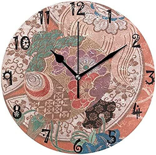 Art Streak Motif de Broderie Style Japonais Circulaire Horloge Murale Assiette Ronde Silencieux Non Ticking Horloge pour Cuisine Chambre à Domicile Bureau S