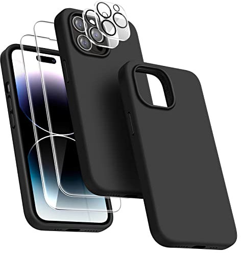 Dssairo [5-in-1 für iPhone 14 Pro Hülle 6.1, mit 2 Displayschutzfolien + 2 Stück Kameraobjektivschutz, Flüssigsilikon, ultradünn, stoßfest, Schutzhülle [Mikrofaser-Futter] (schwarz)