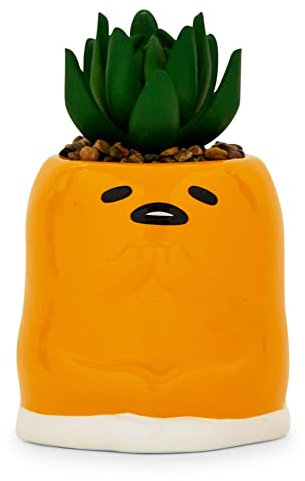 Toynk Sanrio Gudetama Meditation - Mini fioriera in ceramica con piante grasse artificiali, 7,6 cm, piante finte da interno per mensola da scrivania