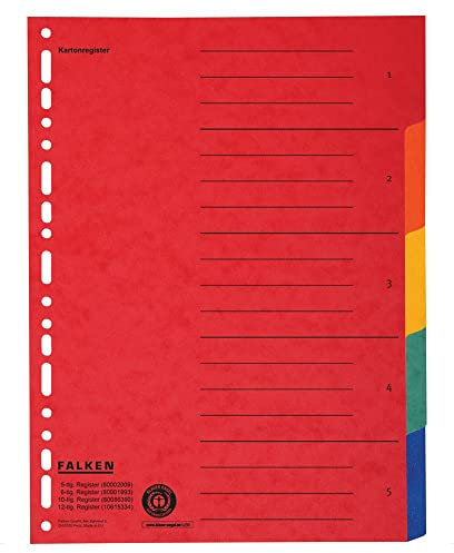 20x Original Falken Karton-Register überbreit für DIN A4+ 24,5 x 30 cm volle Höhe mit Organisationsdruck 5-teilig vollfarbig zur Ablage von Prospekt- und Klarsichthüllen
