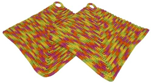 Zwei Gehäkelte Topflappen, Gelb, Rot, Grün, Orange, Meliert, Angelika Patschi