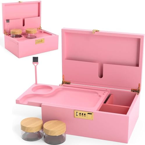 Pink Bamboo Wooden Stash Box with Lock, Wood Rolling Tray and Glass Storage Jars - Smoking Box with Lock, Glass Jars and Kit