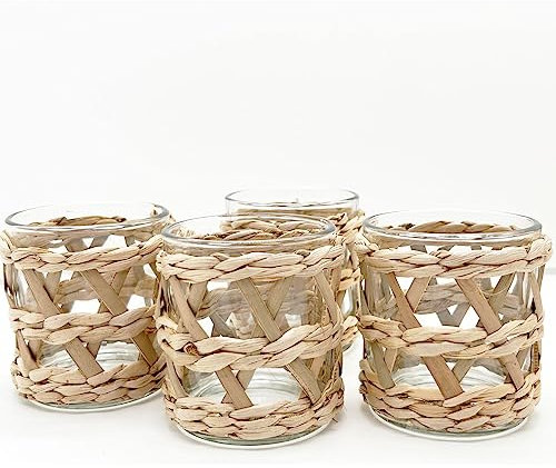 Teelichthalter aus geflochtenem Rattan, Küstenform, tropisches Glas, natürliches Seegras, handgewebt, Votivkerzenhalter, 4 Stück