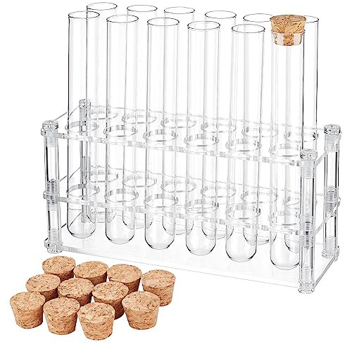 OLYCRAFT 12 Pcs Glass Test Tubes with Rack Glass Test Tubes with Cork Stoppers Clear Test Tubes with Acrylic Holder 12 Holes Tubes Rack Kit for Experiments Decorations and Crafts - 2x15cm(25ml)