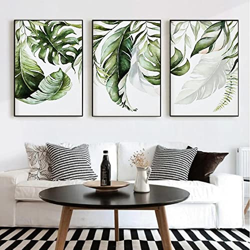 Herfair 3er Set Premium Poster, Moderne Bilder Abstrakt Botanik Pflanzen Bild Grüne Blätter Poster, Wanddeko für Schlafzimmer und Wohnzimmer, Ohne Rahmen (50x70cm)