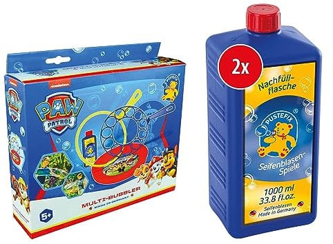 PUSTEFIX Multi-Bubbler PAW Patrol 250ml Kinder Set mit 2 Ringen für Kindergeburtstag - Große Seifenblasen + 2x Seifenblasen Nachfüllflasche Maxi 1L
