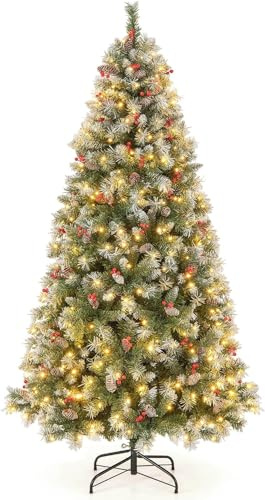 GYMAX 150/200 cm Árbol de Navidad Artificial, Árbol con 200/420 Luces LED en 8 Modos de Transformación, Árbol Artificial con Piñas y Bayas Rojas, Árbol de Navidad con Soporte de Metal (200 cm)