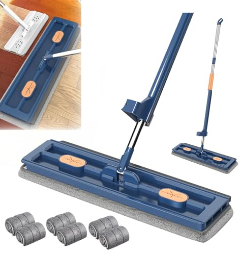 Großer Flachmop Bodenwischer Flacher Wischmopp Flachmopp mit Auswringfunktion 360° Drehgelenk Bodenwischer Set mit Wiederverwendbare Mikrofaser Wischpads für alle Böden (Blau Mopp+6 Wischpads)