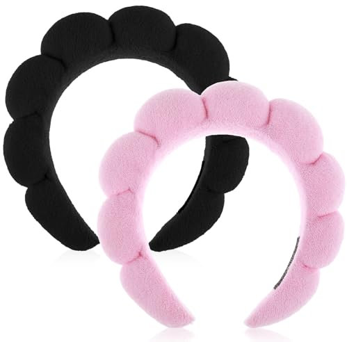 Spa Stirnbänder für Frauen 2er Set Schwamm Stirnband Zum Waschen Von Gesicht Oder Gesichtsbehandlung Hautpflege Stirnband Make Up Frottee Stoff Bauschiges Duschhaar Accessoire (Rosa Schwarz)