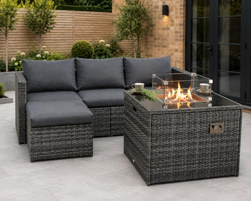 GOODS EMPORIUM Corner Rattan Garden Furniture Set with Fire Pit Table - Outdoor Patio furniture Conservatory Sofa sets - RAIN COVER INCLUDED (Dark Grey, L Shape - Fire Pit Coffee Table)