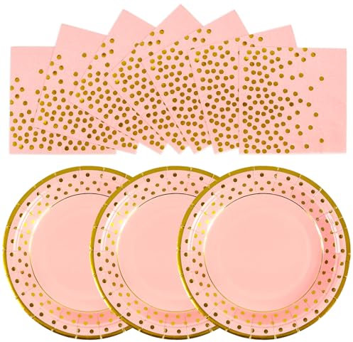 AHPYEUHK 50 Pack Paper Plates & Napkins - 25 * 7inch Dessert Plates & 25 * 6.5inch Napkins - Baby Showers, Wedding Party Decorations (Pink-Gold)