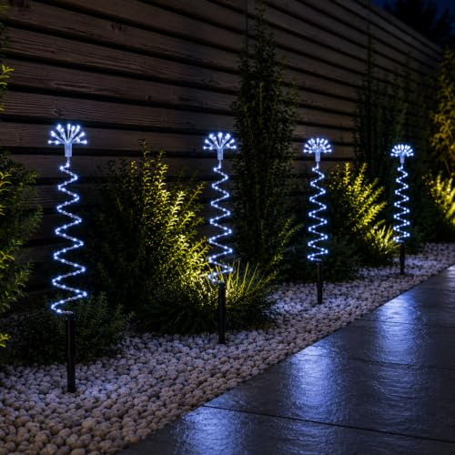 Samuel ALEXANDER 30cm Set of 4 Light up Silver Spiral Christmas Tree Garden Path Lights with 200 White LEDs