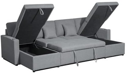 Bonded Leather Sofa Bed - U Shaped 4 Seater Fabric Sofas For Living Room Furniture - Pull Out Suite & Convertable Settee With Storage - (Grey Fabric, Left Hand Side)