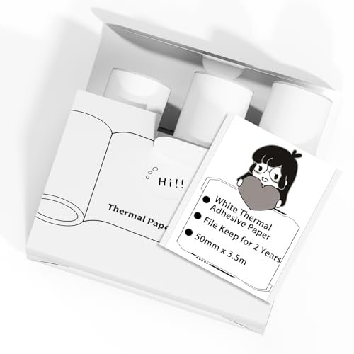 Phomemo Thermal Printer Paper - 2 Years White Self-Adhesive Mini Sticker Paper, Compatible with T02/M02X/M02L Mini Portable Printers for Printing Photos, Text, Study Notes, DIY Stickers, 3 Rolls