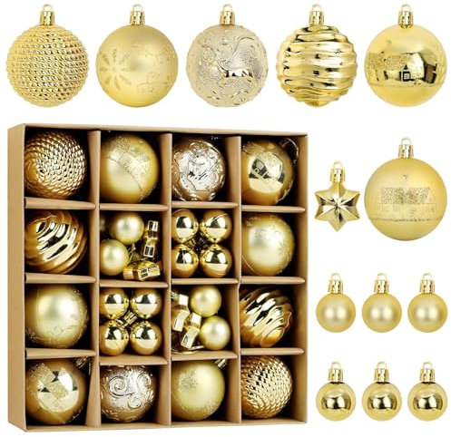 BOFUNX 44Pcs Christmas Balls Decoration Tree Baubles Glitter Hanging Ornaments Shatterproof for Christmas Tree Holiday Home Party Decoration (Gold)