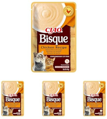 INABA Ciao Bisque - Cremige Suppe für Katzen, Huhn 1x40g, Katzenfutter nass ohne Getreide (Packung mit 4)