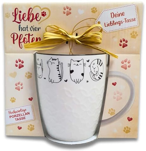Katzen Tasse – Liebe hat vier Pfoten - 300ml Tasse mit süßen Katzenmotiven, Geschenkverpackung mit Bastschleife, perfekt für Katzenliebhaber, Kaffeetasse (Liebe hat vier Pfoten)