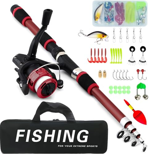 Set da pesca per bambini, 1,8 m, set di canne da pesca per bambini, con mulinello da pesca ed esca, in fibra di carbonio, telescopiche e mulinello, accessori da pesca per bambini dai 3 ai 10 anni