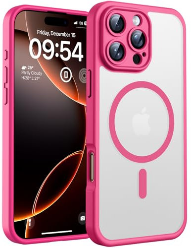 TOCOL Coque Magnétique pour iPhone 16 Pro Max 6,9 Pouces, Compatible avec MagSafe, Protection de l'objectif améliorée, Coque Mat Translucide Fine Antichoc, Rose Vif