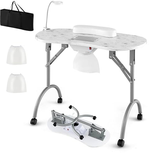 RELAX4LIFE Table Manucure avec Aspirateur, Table Manucure Pliante | Portable avec Sac | roulettes | Lampe de Table LED USB | Coussin de Poignet Amovible | Collecteur de Poussière | Motif Fleur